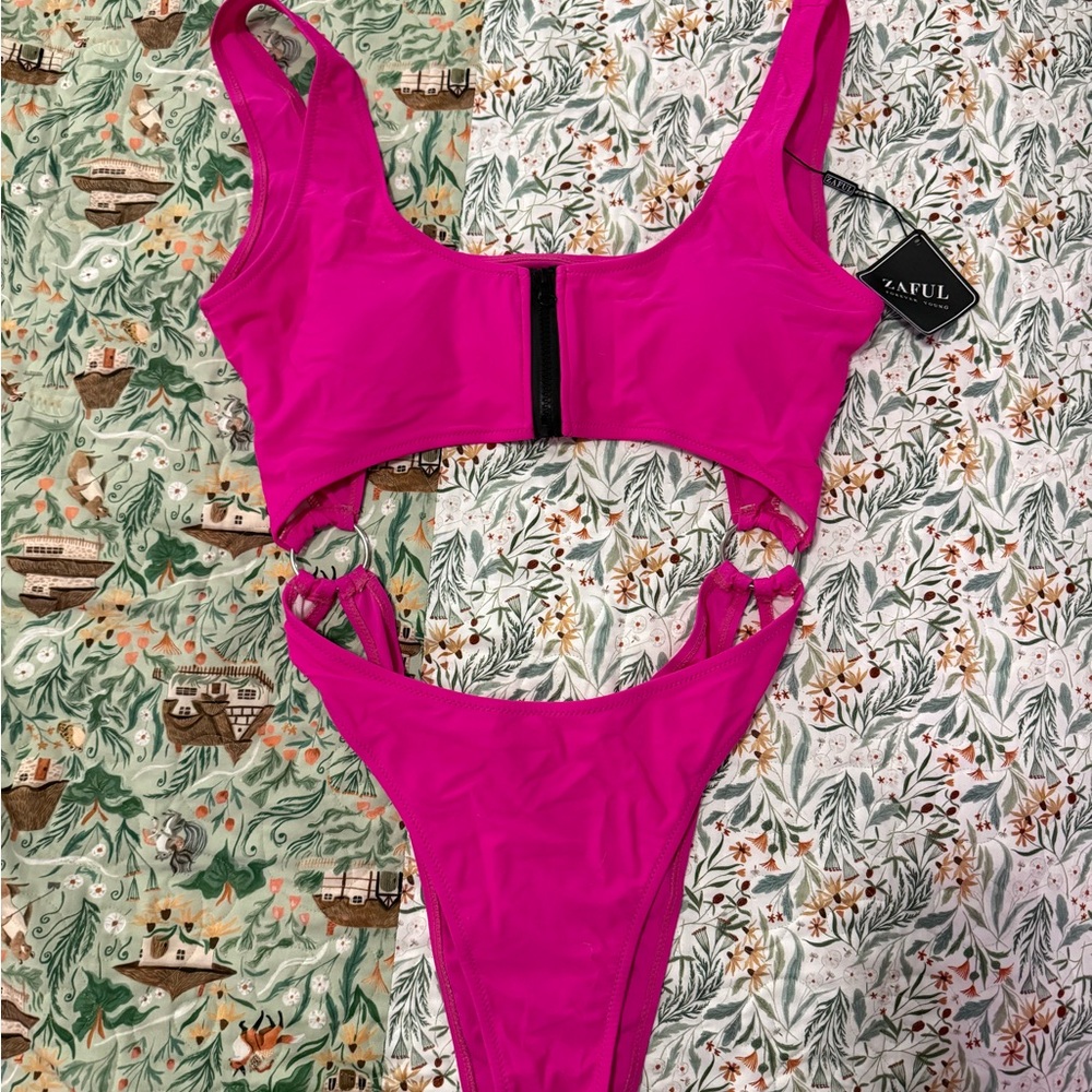 Zaful Fuchsia Front-Zip Bikini Set